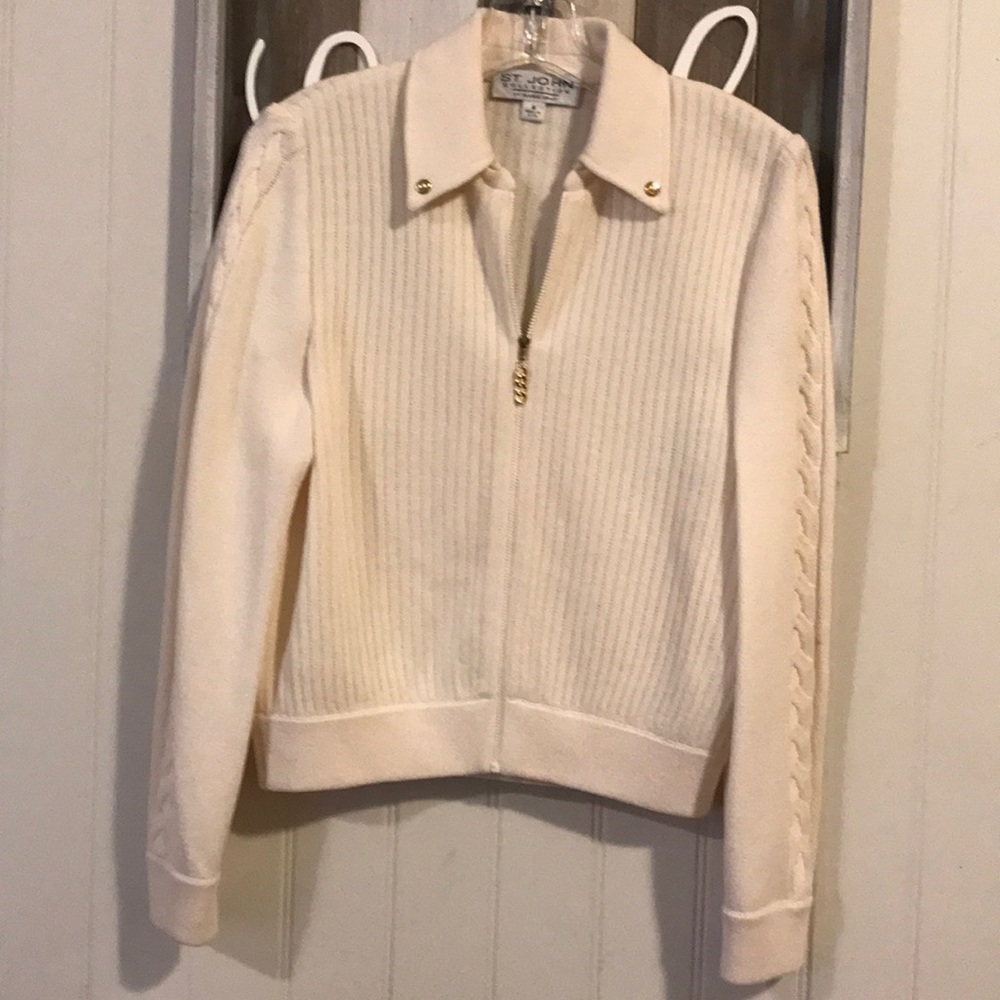 ST JOHN Ivory KNIT zip up sweater Jacket, sz4 😍